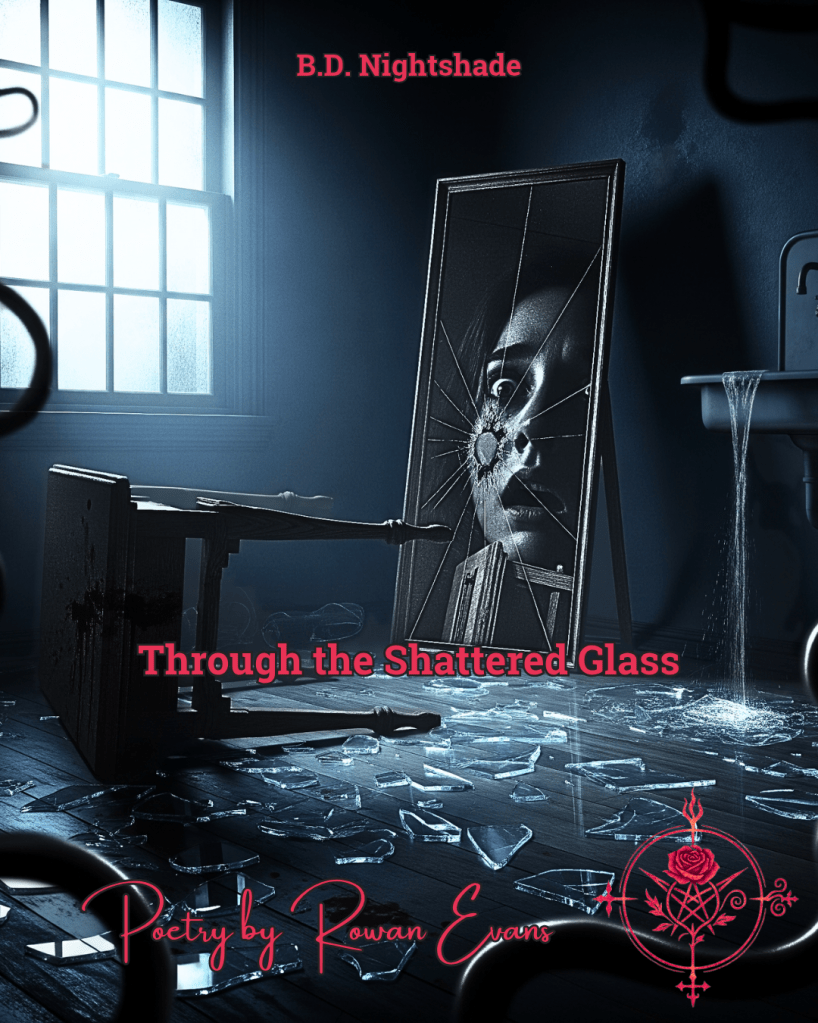 Moonlit room with shattered glass, overturned table, cracked mirror reflecting a terrified figure, and shadows creeping in corners.