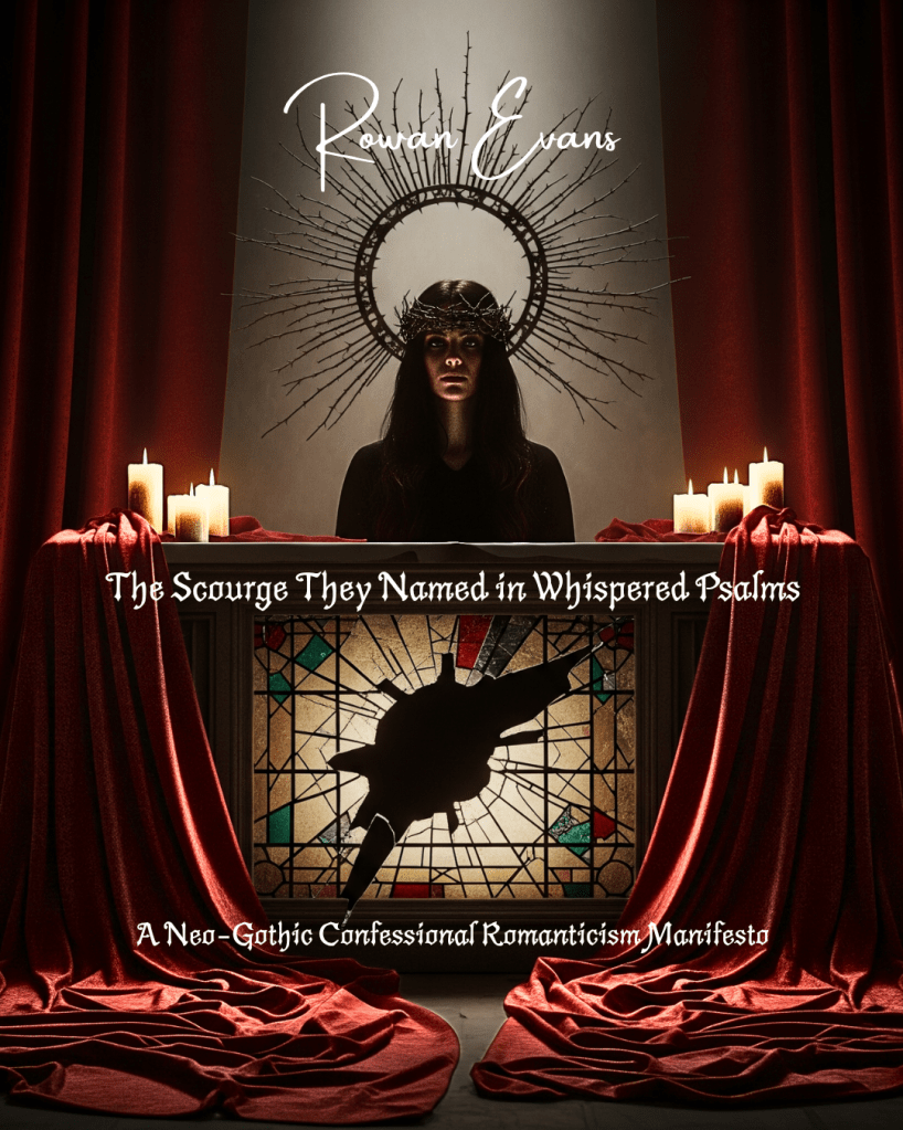 A woman in a black gown sits behind a stained-glass altar, wearing a crown of thorns and halo of iron. Candles glow around her as blood-red drapes pool like velvet fire. The glass behind her bears the silhouette of a shattering figure, suggesting both violence and divinity.