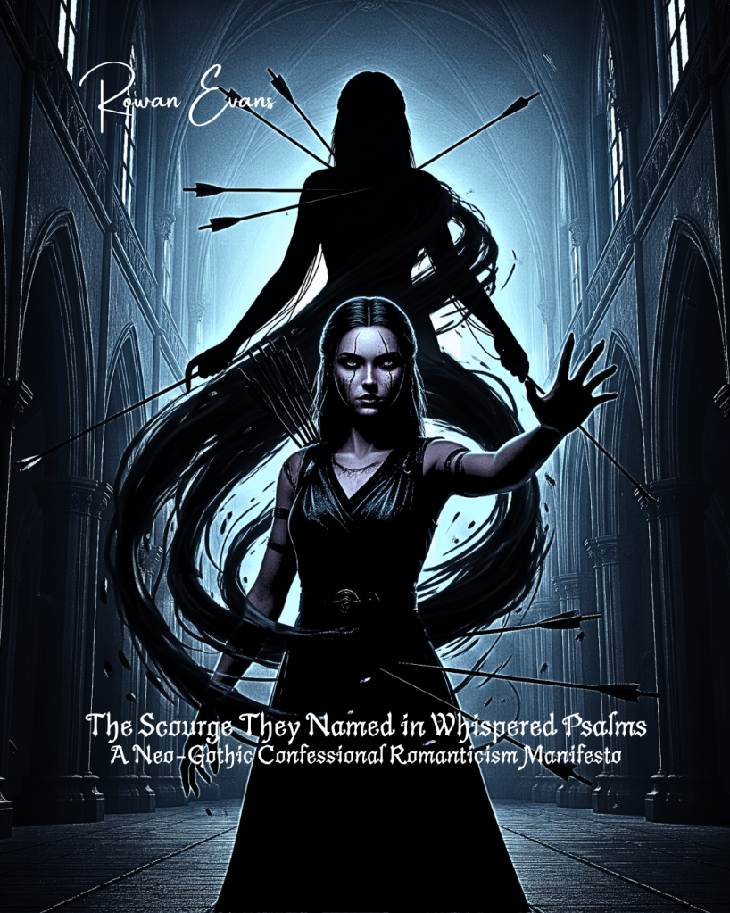 A gothic cathedral interior bathed in cold blue light. In the foreground, a defiant woman in black reaches forward, while behind her looms a shadowy silhouette pierced by arrows. Her long hair and dress ripple like smoke, embodying both vulnerability and strength.