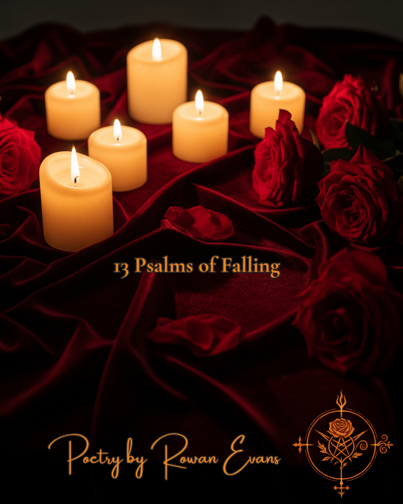 Velvet-toned featured image with roses and candles, titled “13 Psalms of Falling” by Rowan Evans.