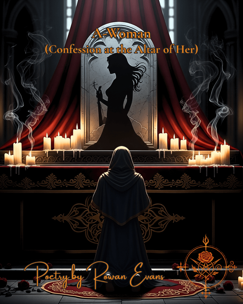 Person kneeling at a gothic altar before a marble slab with the goddess' silhouette, surrounded by candlelight and roses.