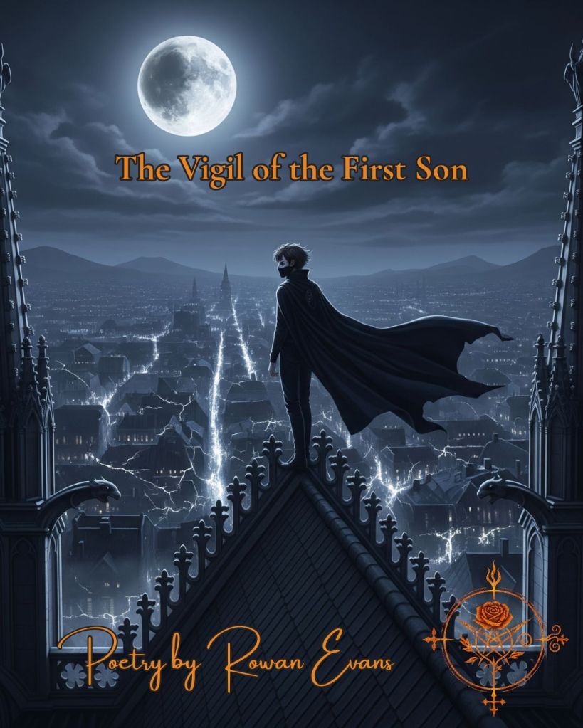 Nighttime illustration of a masked vigilante standing on a cathedral roof, overlooking a cracked yet living city under moonlight; symbolizing hope within ruin.