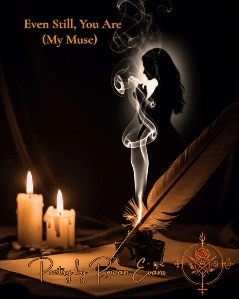 Ink-stained quill on parchment surrounded by candles. Smoke rises from the quill, forming a woman's silhouette, dark velvet backgro8nd, soft candlelight, evoking romantic melancholy in muted gothic tones.