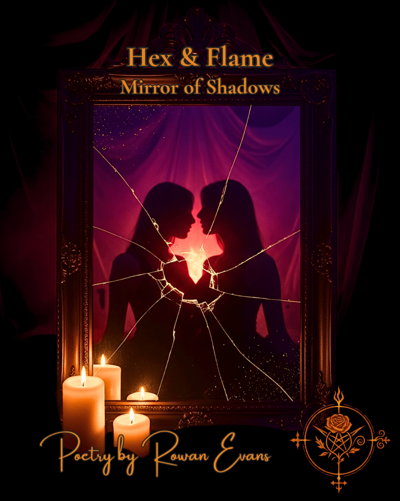 Cracked gothic mirror glowing with ember light; two silhouetted feminine figures reflected as one, veiled in crimson and violet smoke — symbolizing twin shadows, intimacy, and sacred fire.