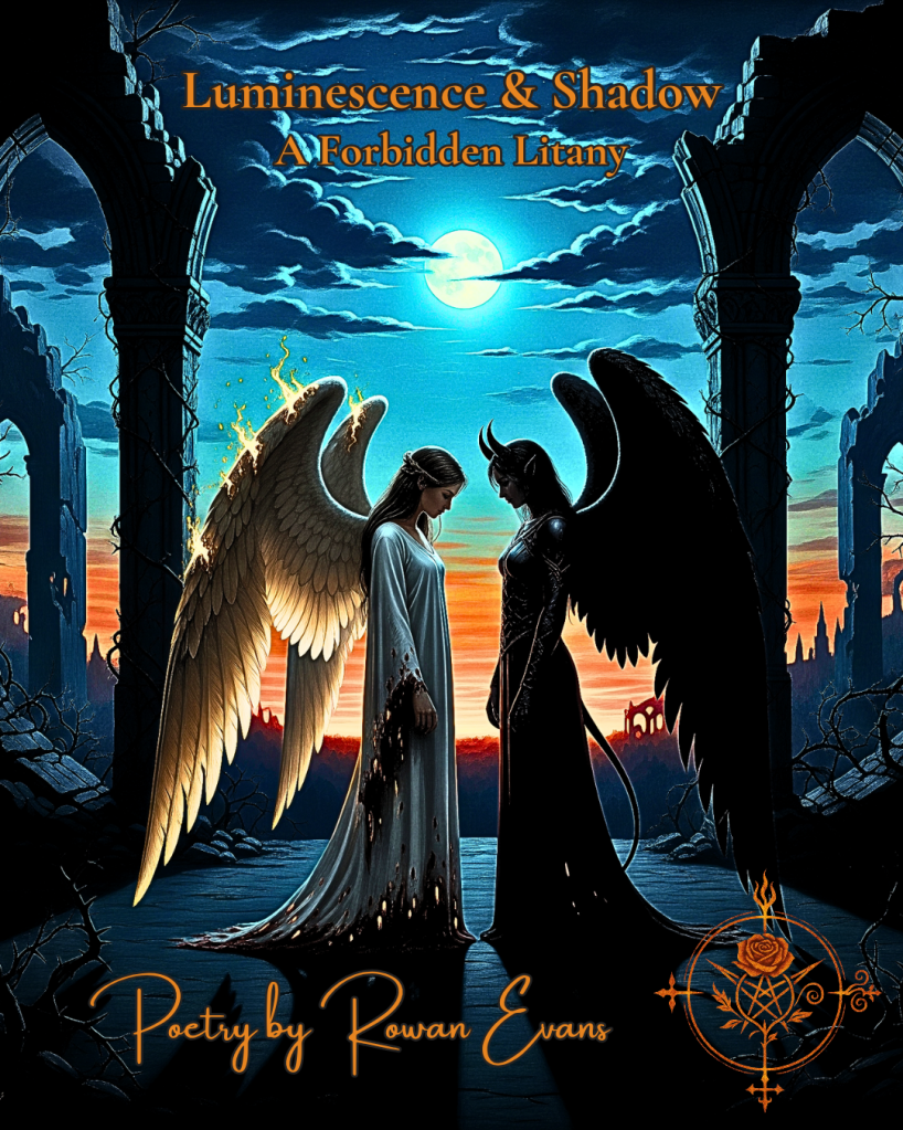 Angel and demon standing together at twilight among gothic ruins, bathed in moonlight, symbolizing forbidden love.