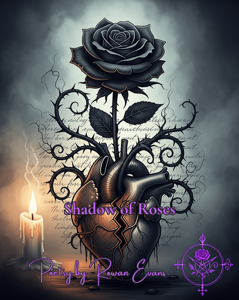 Black rose blooming out of a broken heart, with vines of thorns. "Shadow of Roses" by Rowan Evans.