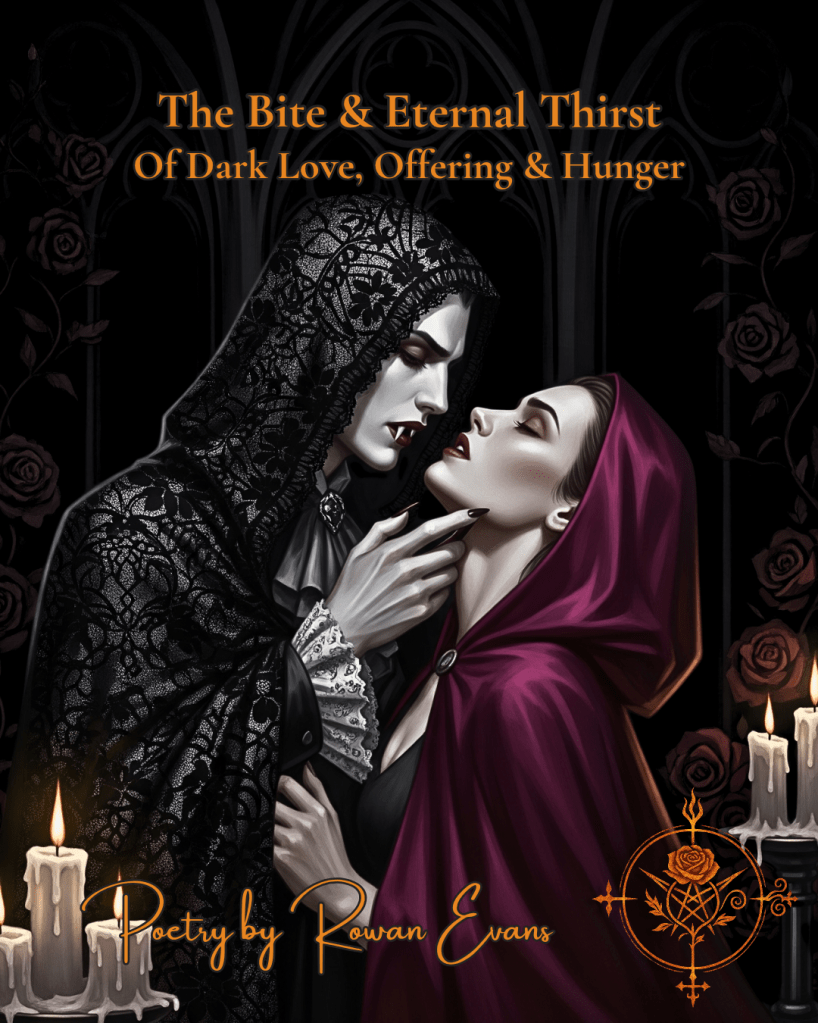 Illustration of a vampire and willing lover under candlelight, symbolizing dark love, shadowed offering, and hunger.