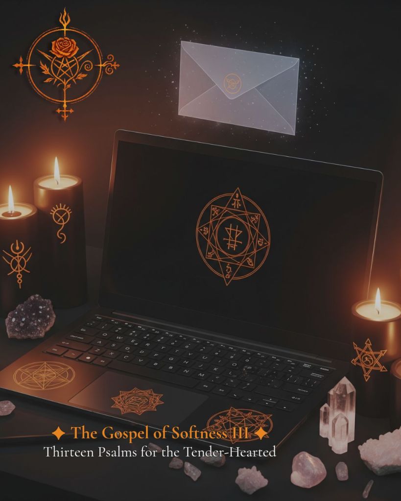 A gothic-inspired digital workspace with black candles, crystals, and a laptop adorned with orange arcane symbols. The screen displays a sigil, while an ethereal envelope hovers above, symbolizing poetic communication. Text reads: 'The Gospel of Softness III – Thirteen Psalms for the Tender-Hearted'.