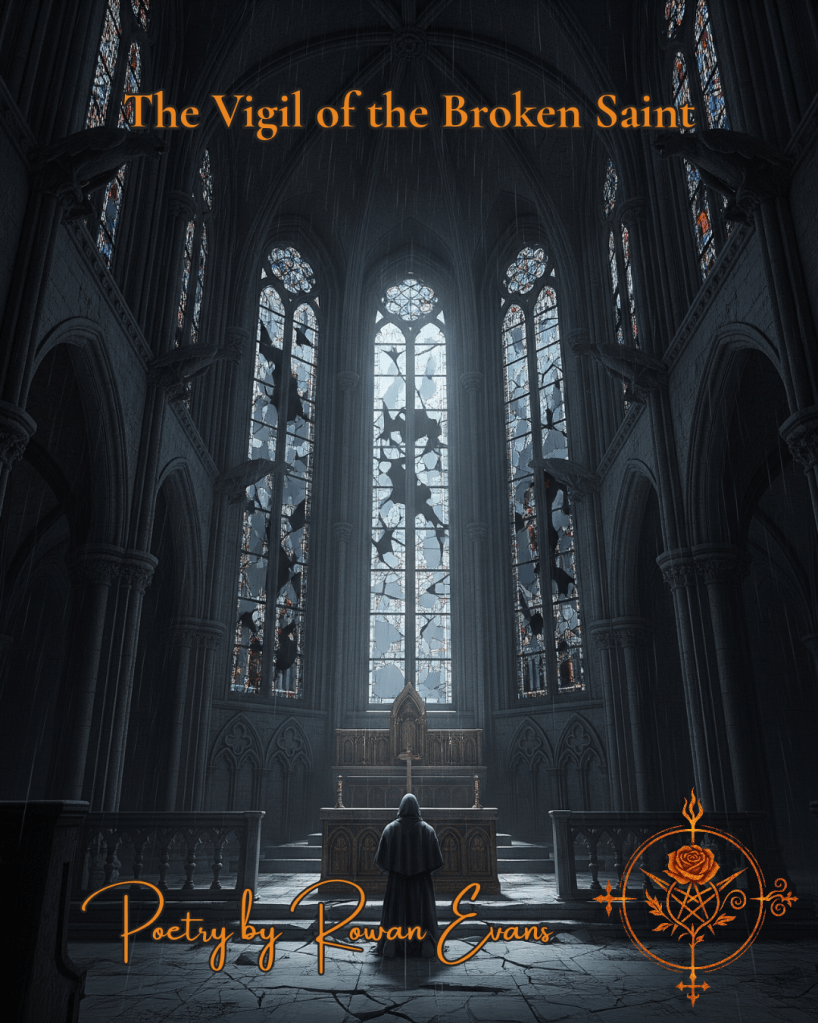 A lone vigilante kneels in a ruined gothic cathedral lit by moonlight through shattered stained glass, stone gargoyles above.