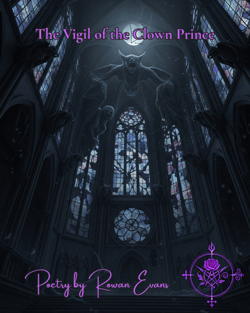 Gothic cathedral ruins with cracked stained glass and grotesque gargoyles under pale moonlight, symbolizing madness and chaos.