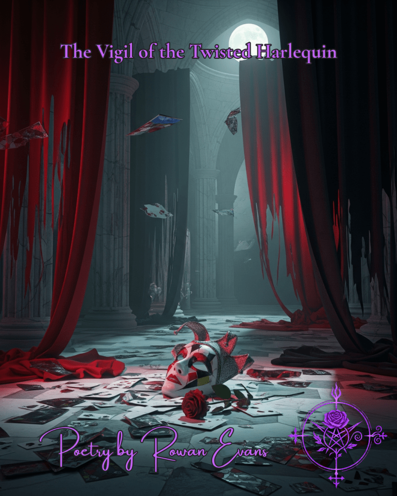 Cracked marble cathedral with a harlequin mask, moonlit stained glass shards, and wilted rose — symbolizing Harley Quinn’s vigil and rebellion.