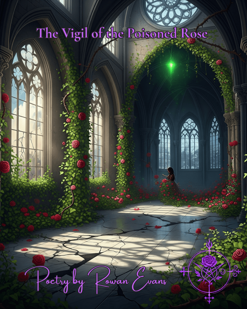 Gothic cathedral draped in thorned crimson roses and green ivy, moonlight casting shadows across broken marble. Symbolic vigil for Poison Ivy’s devotion and rage.