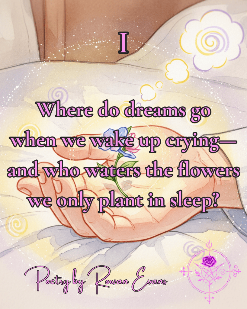 A tiny flower blooming in the palm of a sleeping hand, glowing faintly in dreamlight, watercolor style.