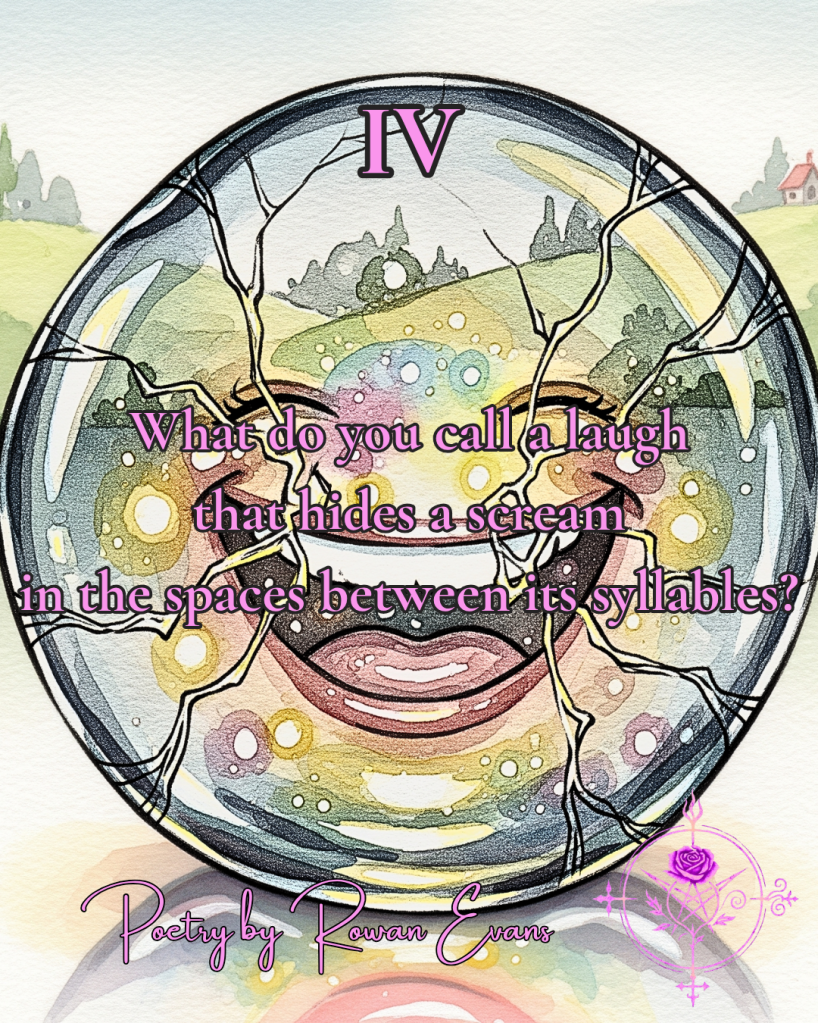 A laugh frozen in glass with fine cracks glowing from within, watercolor style.