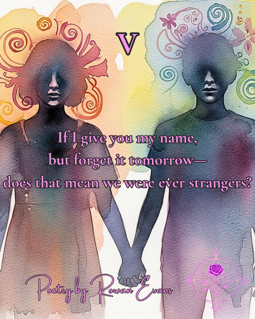 Two shadows holding hands, their faces blurred like fading memories, watercolor style.