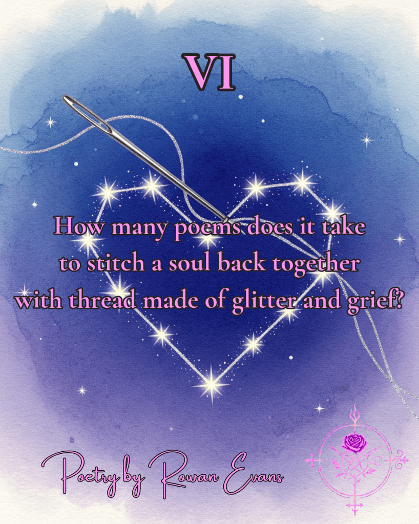 A silver needle stitching a heart-shaped constellation with glitter thread, watercolor style.