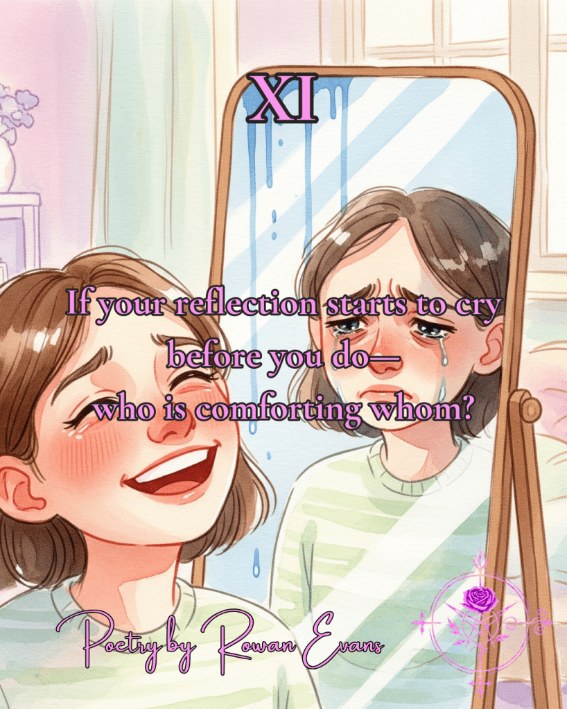 A mirror streaked with tears while the person reflected smiles, watercolor style.