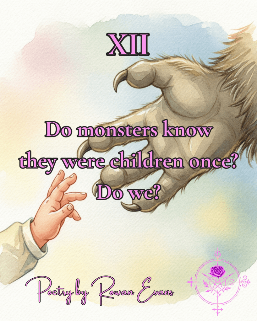 A child’s hand reaching toward a monster’s clawed hand, watercolor style.