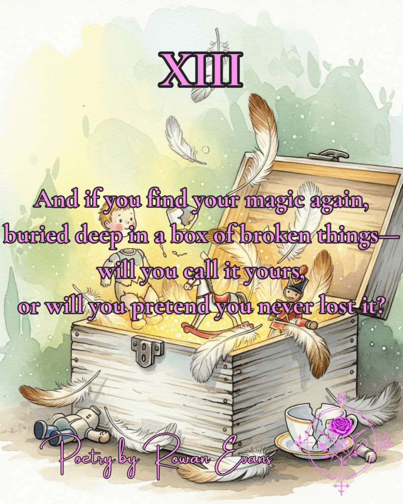 A wooden box spilling light, feathers, and broken toys, watercolor style.