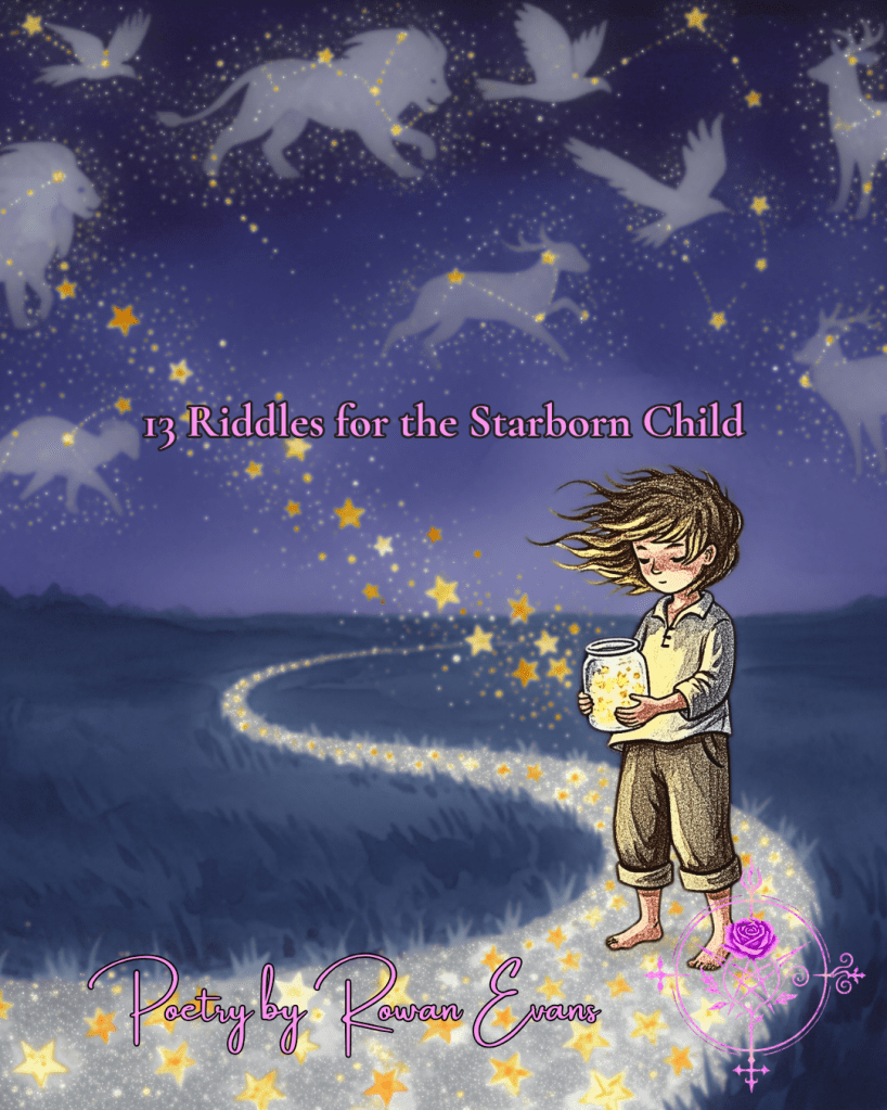 A barefoot child stands on a path of silver stardust, holding a jar of glowing stars under a deep indigo night sky.