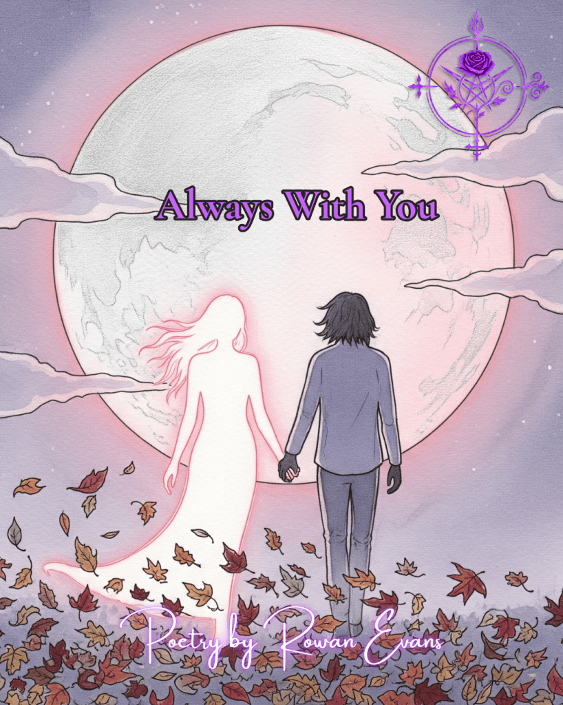 A glowing ethereal figure walks beside a person beneath a full moon, surrounded by soft pastel tones and swirling leaves, symbolizing presence after loss.