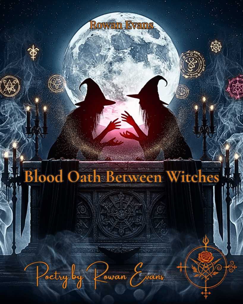 Two witches facing each other across a dark, mystical altar under a full moon, surrounded by black candles, swirling smoke, and glowing symbols and arcane sigils.