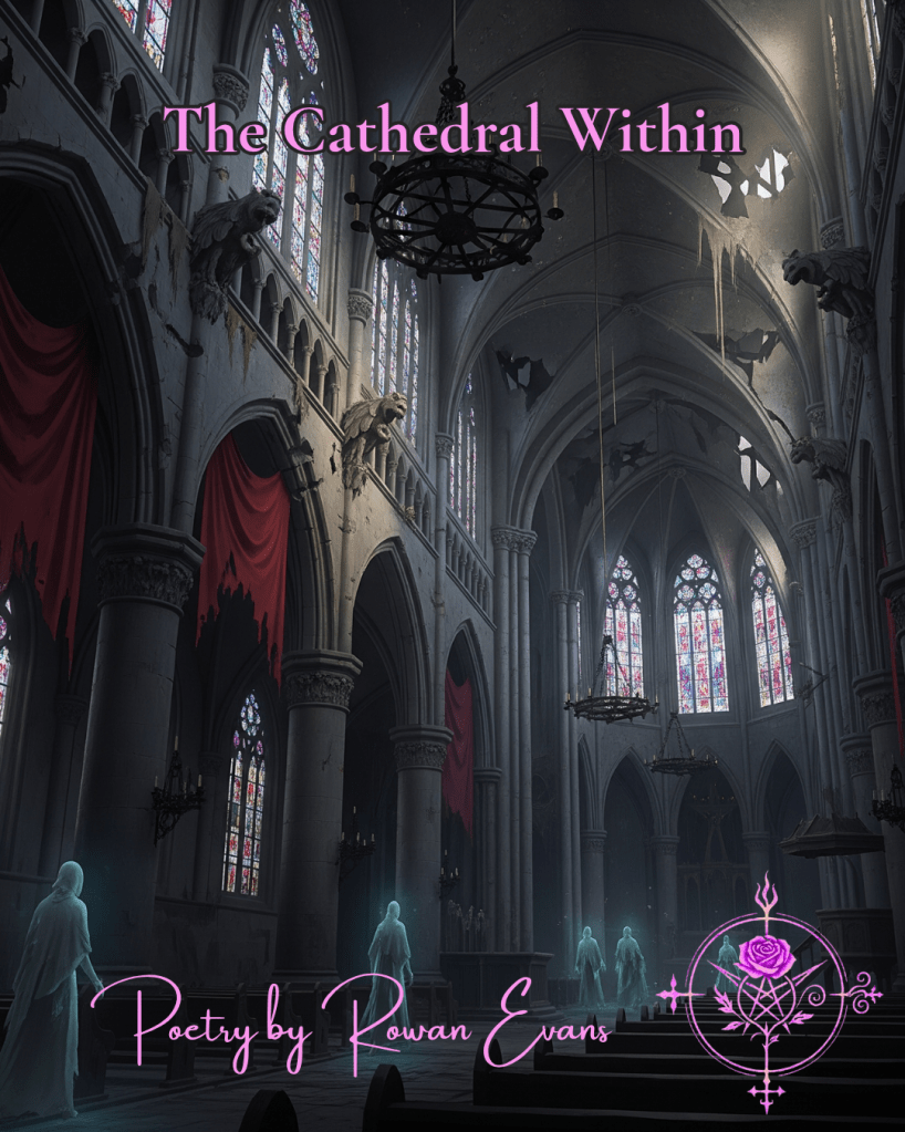 Gothic cathedral in ruins with broken stained glass, gargoyles, and ghostly figures moving through a dim, sacred space.