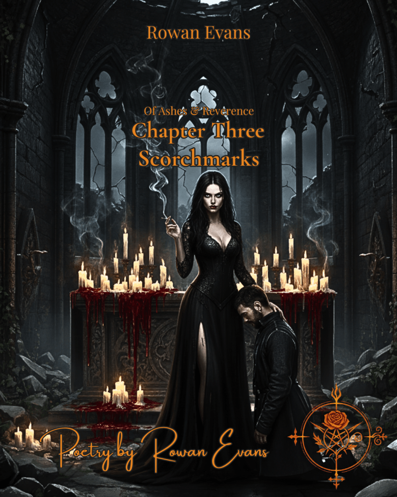 A gothic chapel interior lit by dying candles, a dominant woman smoking as a kneeling figure bows before her.