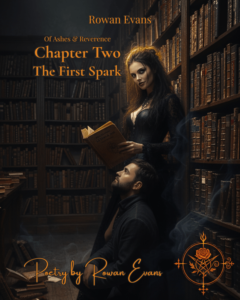 Woman with wild hair leaning against a shelf, glowing in candlelight, holding a copy of Baudelaire, while a man kneels before her, drawn to her presence. Shadows and smoke swirl, emphasizing desire and danger.