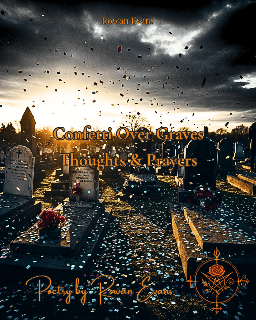 Confetti drifting over gravestones in a dark, stormy cemetery, representing empty gestures of sympathy.