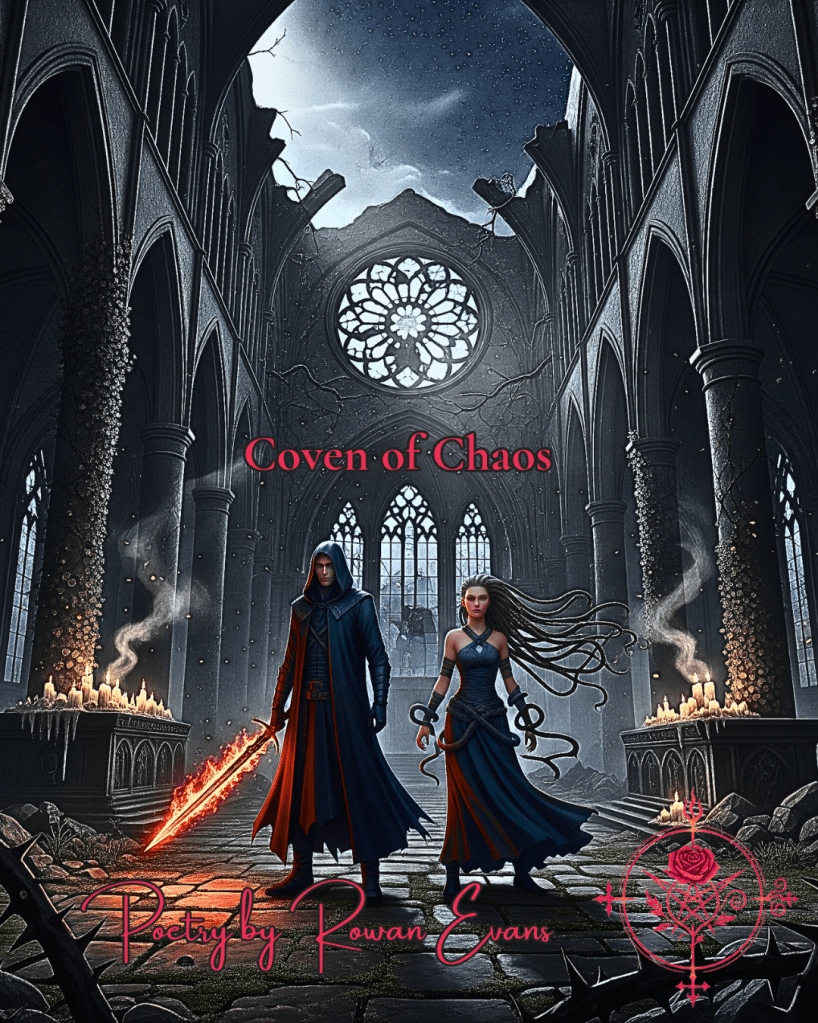 Two gothic figures standing beneath moonlit cathedral ruins, surrounded by candlelight and smoke, symbolizing the Coven of Chaos and their ritualistic power.