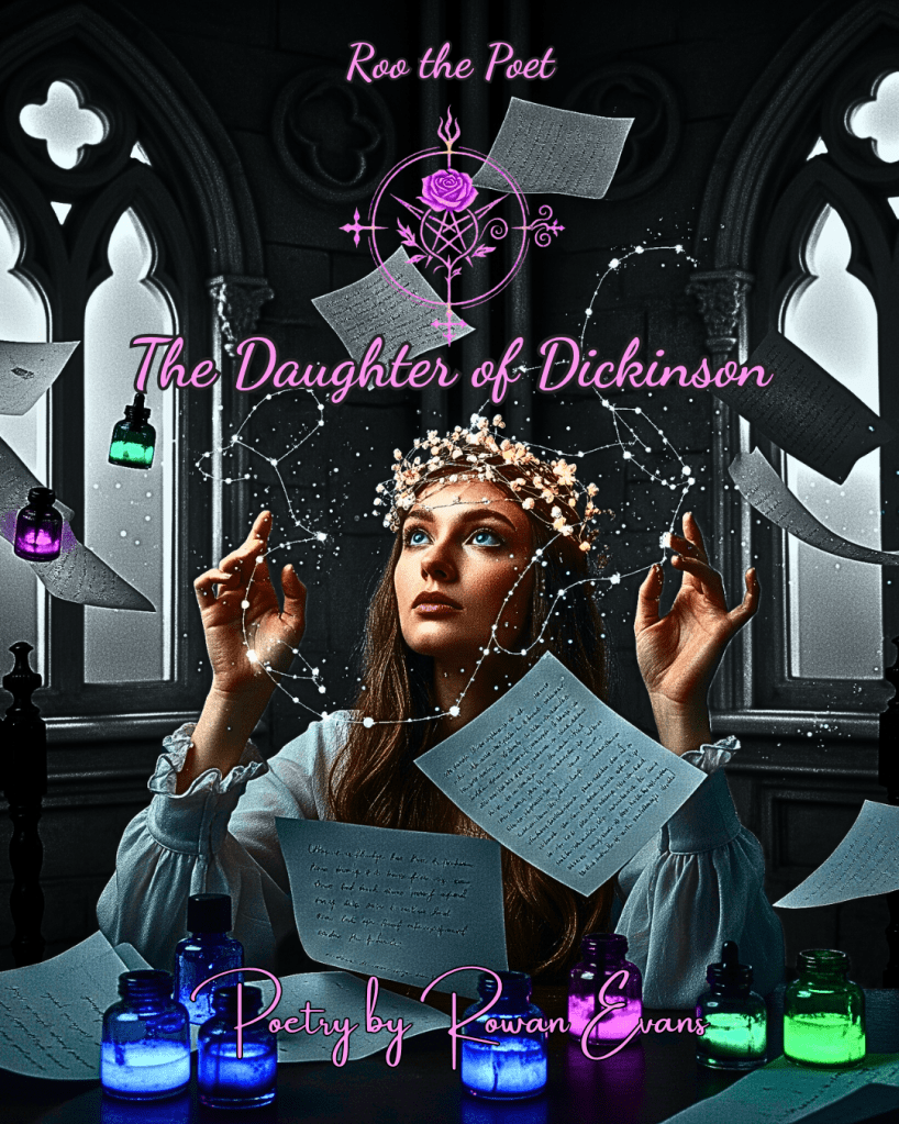 A young poetess in a mystical dimly lit room, surrounded by floating pages and glowing ink, wearing a flower crown and tracing constellations in the air.