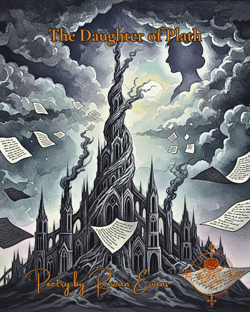 Neo-gothic watercolor of an ash cathedral under a ghostly moon, with pages of poetry drifting upward and a faint female silhouette in the clouds.