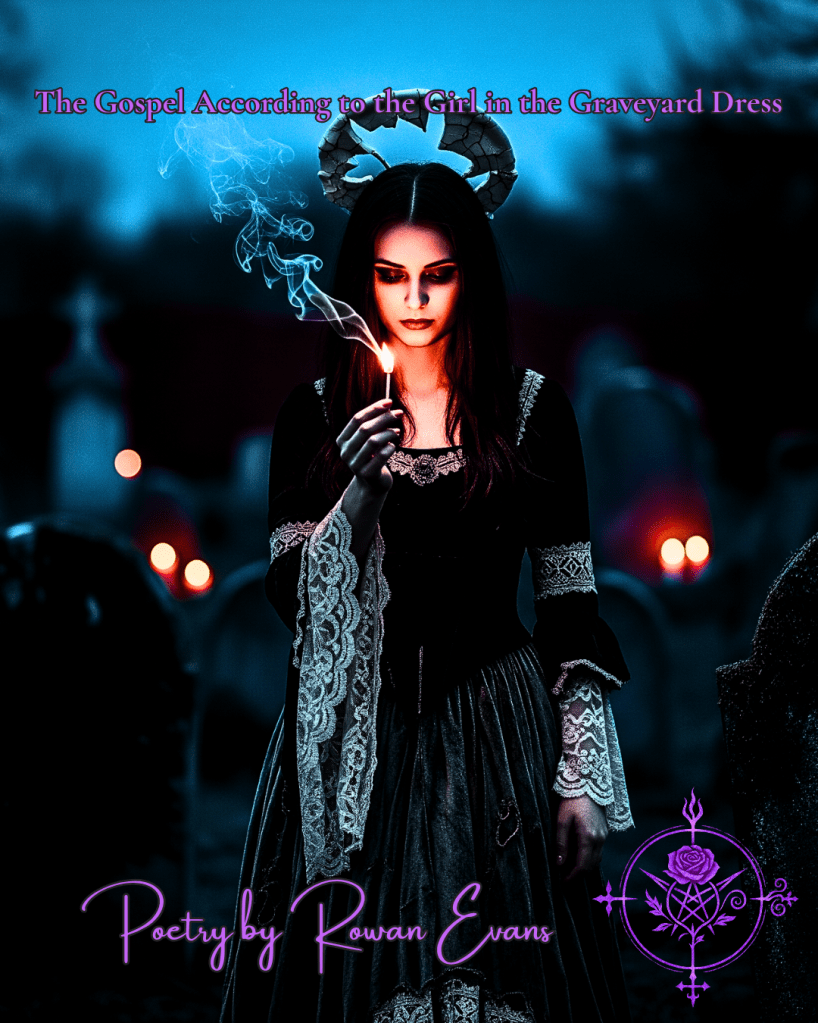 A gothic girl in a graveyard dress holding a burning match, cracked halo above her head, surrounded by headstones at twilight.