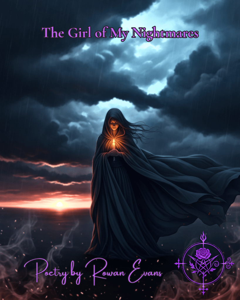 A gothic woman cloaked in shadows stands at a stormy twilight horizon, surrounded by flickering candlelight and swirling smoke.