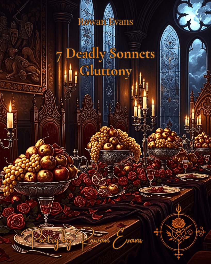 Gothic banquet of golden fruits and blood-red roses – illustration for Gluttony sonnet.