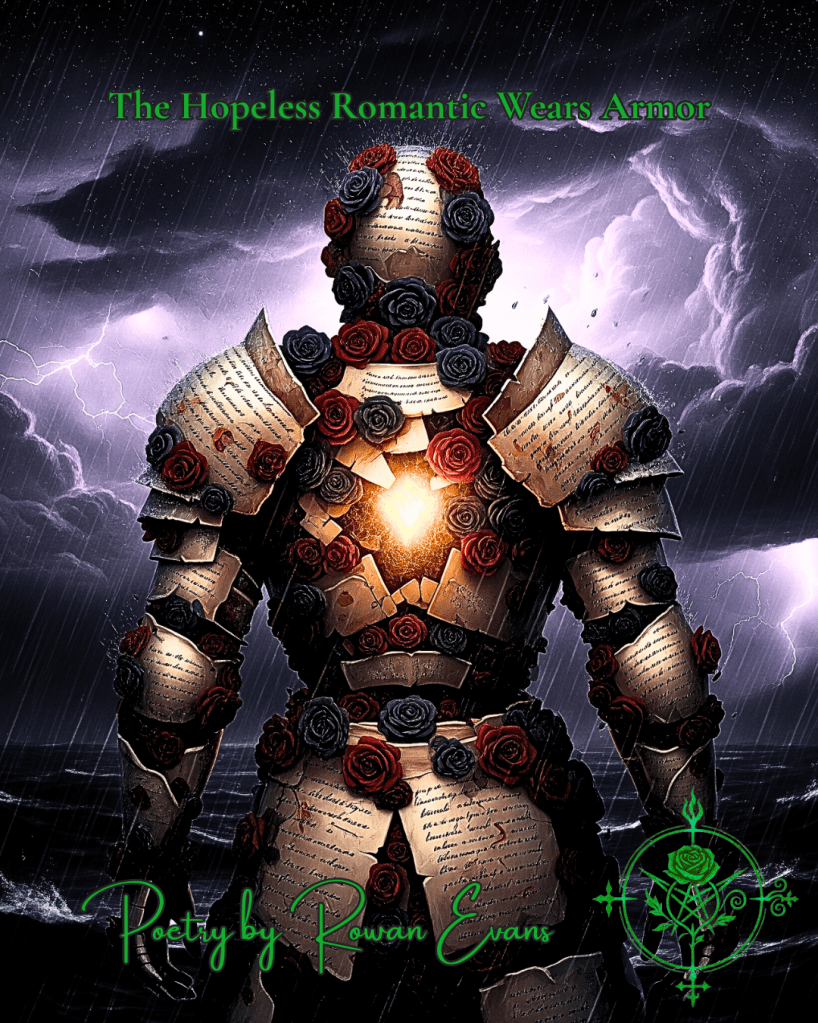 A lone figure stands in a storm wearing armor made of roses and ink-stained paper, with a glowing heart visible beneath.