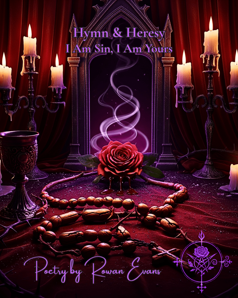 Gothic altar with bleeding rose, cracked rosary, and candlelight evoking sacred and forbidden desire.