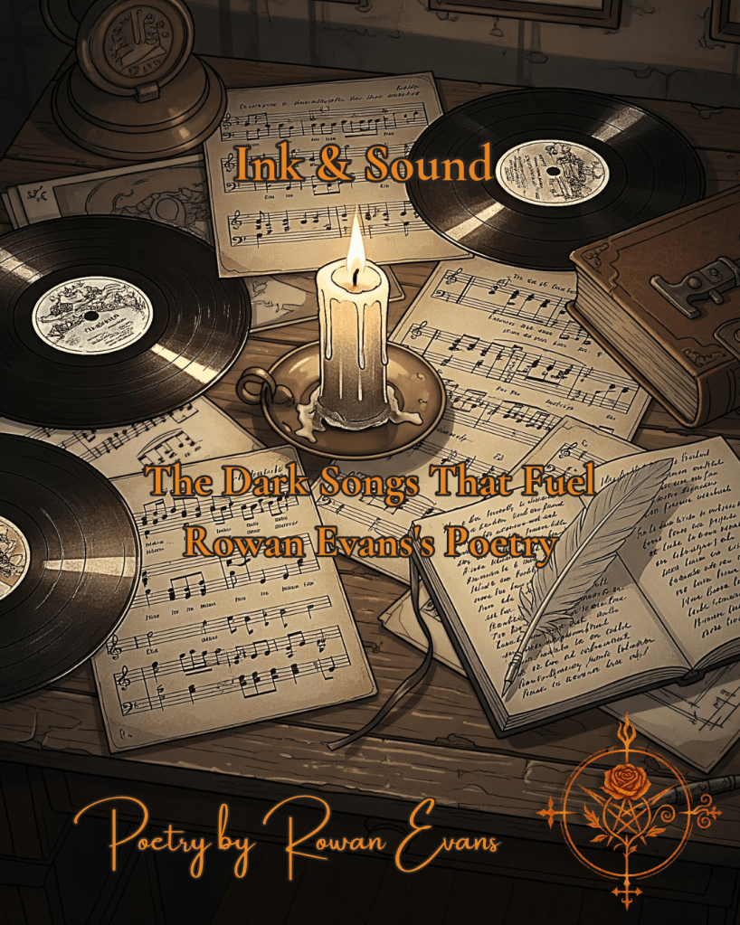 Flickering candle and vinyl records on a wooden desk creating a dark, gothic creative atmosphere.