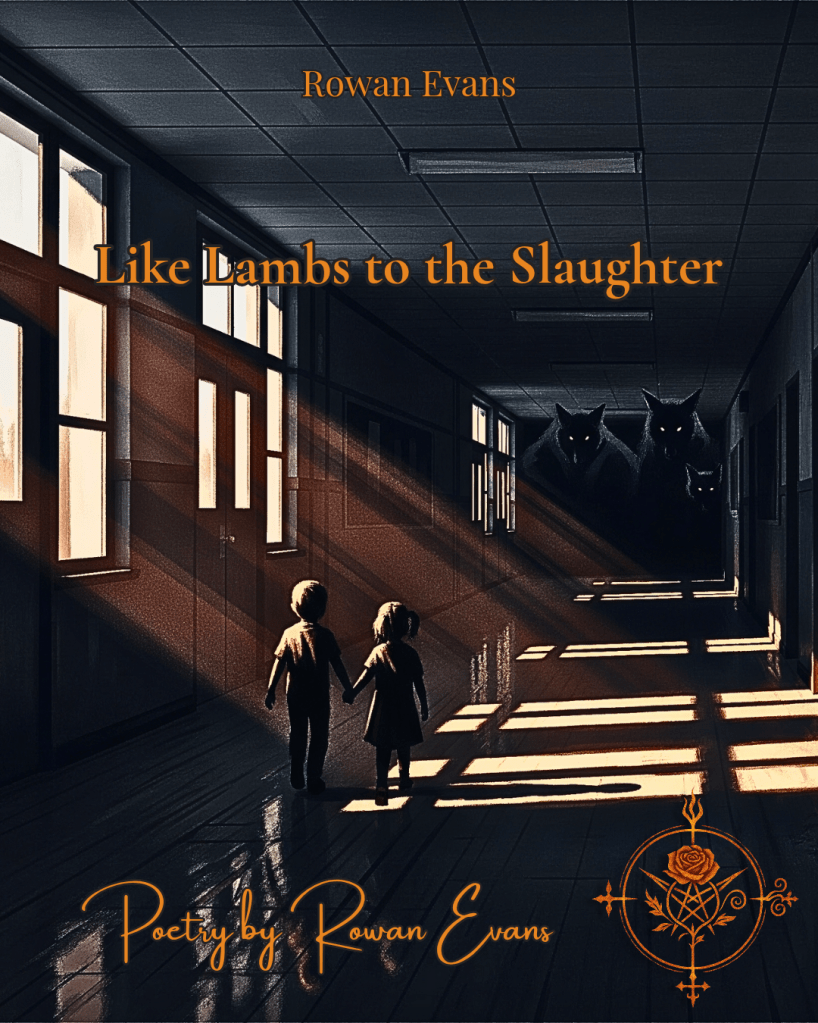 Dimly lit school hallway with shadows stretching across the floor. Silhouettes of children walking, with ominous shadowy figures lurking in the background, symbolizing danger and vulnerability.