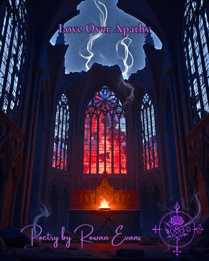 Gothic cathedral ruins glowing with fiery embers under a moonlit sky, symbolizing resilience and sacred defiance.