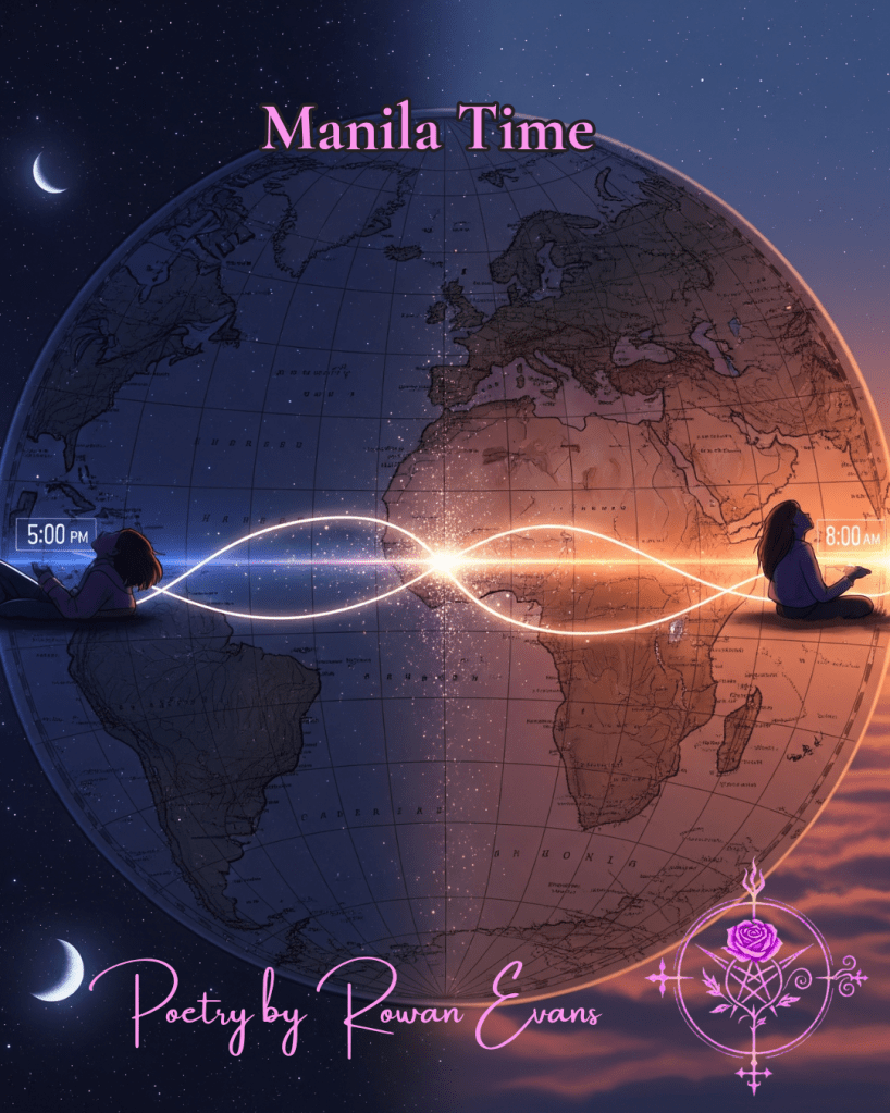 Illustration of long-distance lovers connected by a glowing thread across a world map, symbolizing emotional connection across timezones.