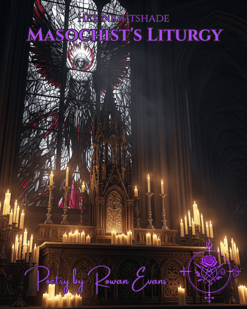 Neo-gothic altar with dark angel wings and candlelit cathedral imagery, symbolizing love, pain, and aftercare in poetry.