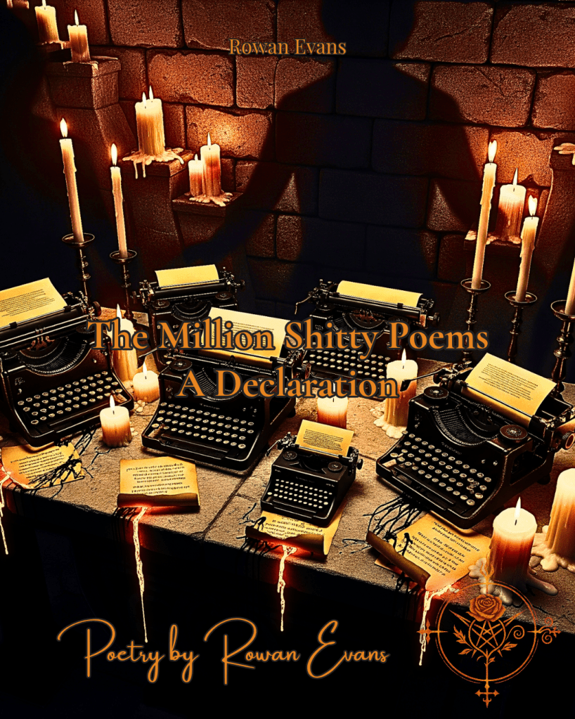 Candlelit altar with vintage typewriters, glowing pages, and ink bleeding and turning to fire, creating a gothic, ritualistic scene.