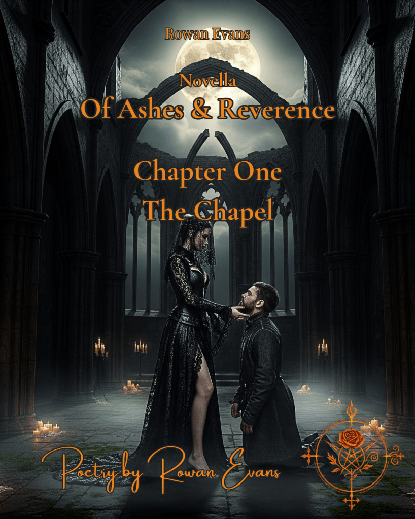 Lilith stands barefoot in black lace and leather, holding Gabriel’s chin as he kneels before her in a ruined chapel, surrounded by candles and shadows under a bruised pearl moon.