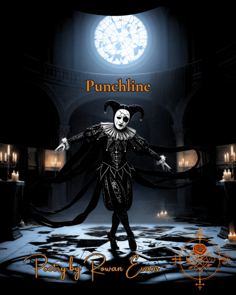 Image of a lone jester dancing among shattered mirrors and marble, symbolizing dark whimsy and emotional resilience.