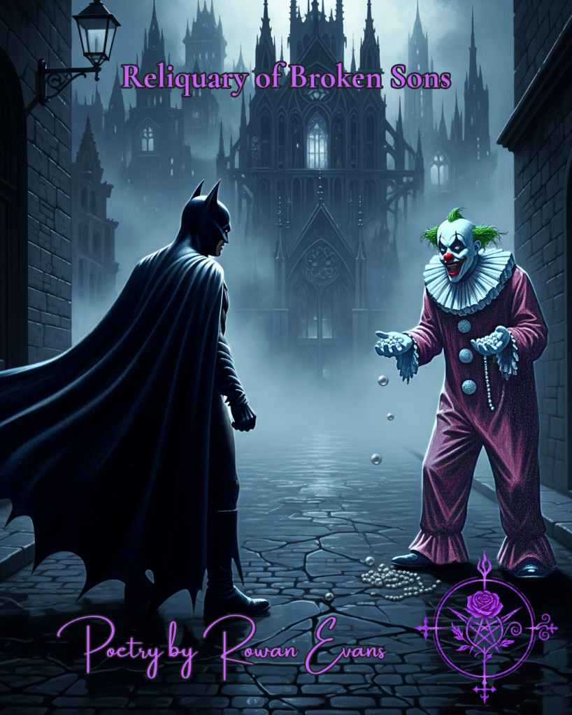 The Broken Saint and Clown Prince stand in a misty Gotham alley, moonlight glinting off scattered pearls.