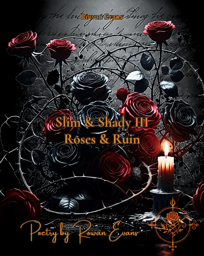 Gothic roses and ink-drenched shadows, evoking dark romance and twisted wordplay.