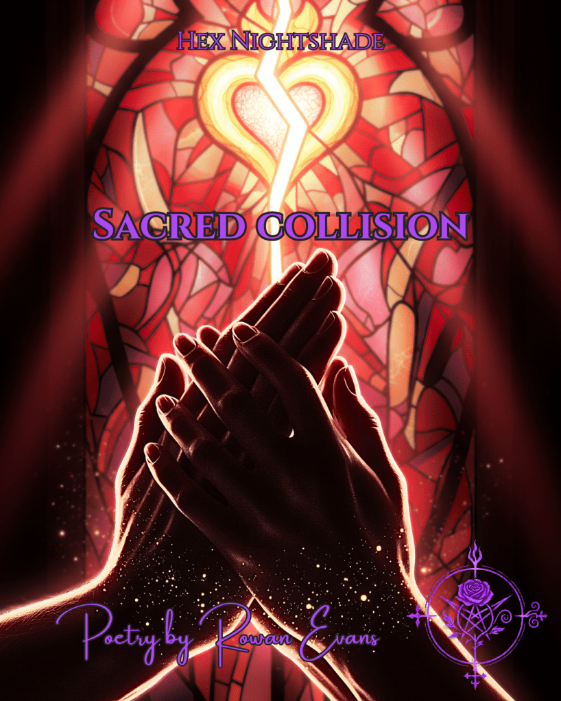 Hands clasped in a mystical, crimson-gold glow beneath a cracked stained-glass window, radiating sacred energy.