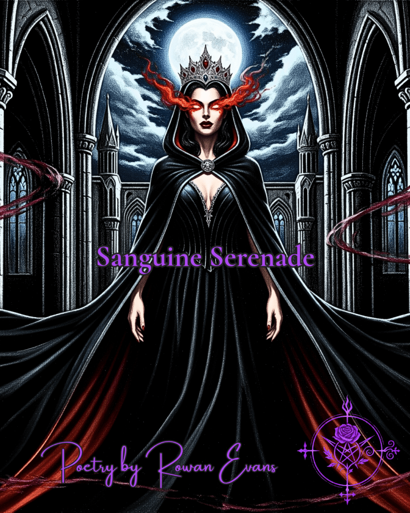 Vampire queen with blazing eyes in a moonlit gothic cathedral, surrounded by whispers of crimson light.